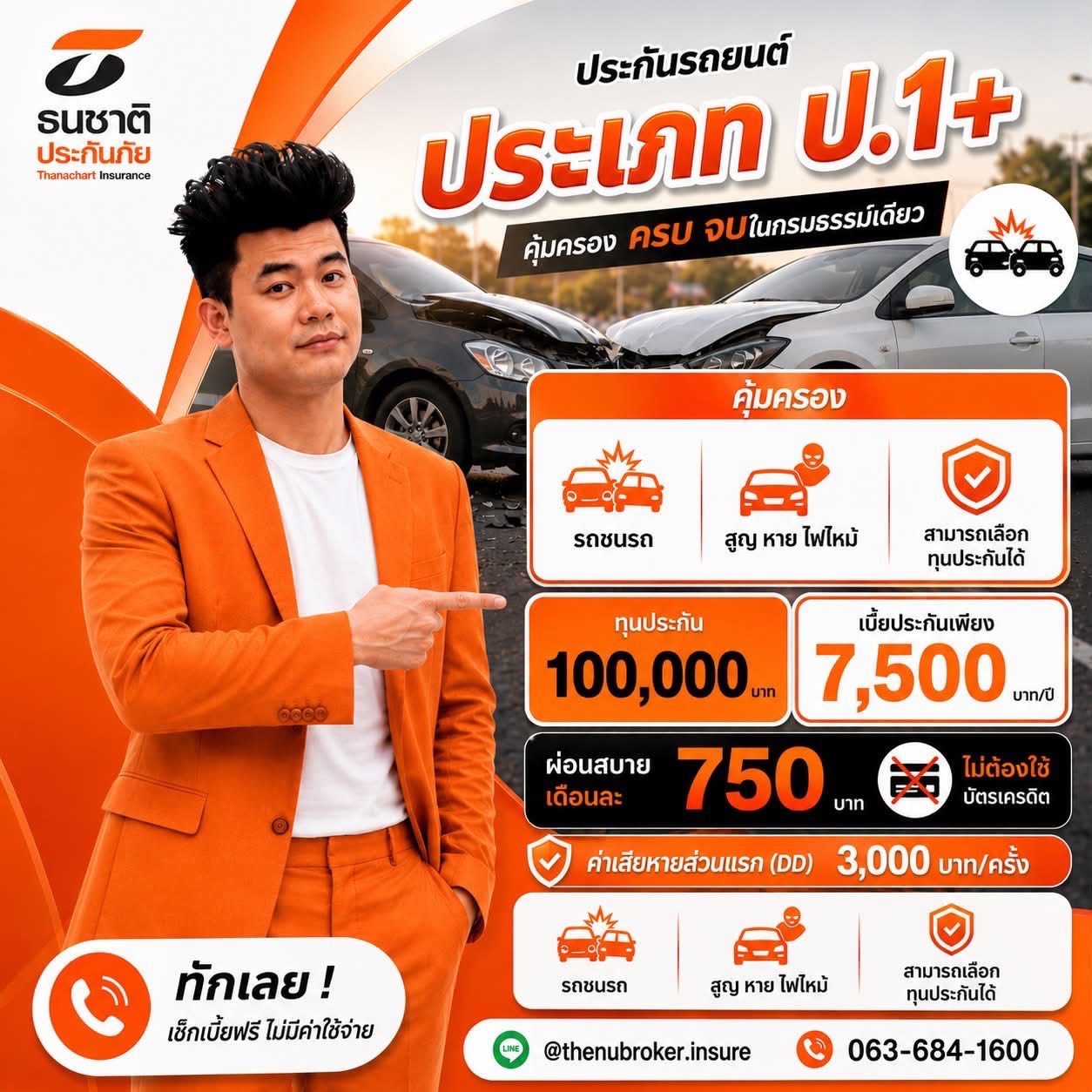 ประกันชั้น 1 + ธนชาต( มีค่า DD 3000 บาท/ครั้ง)