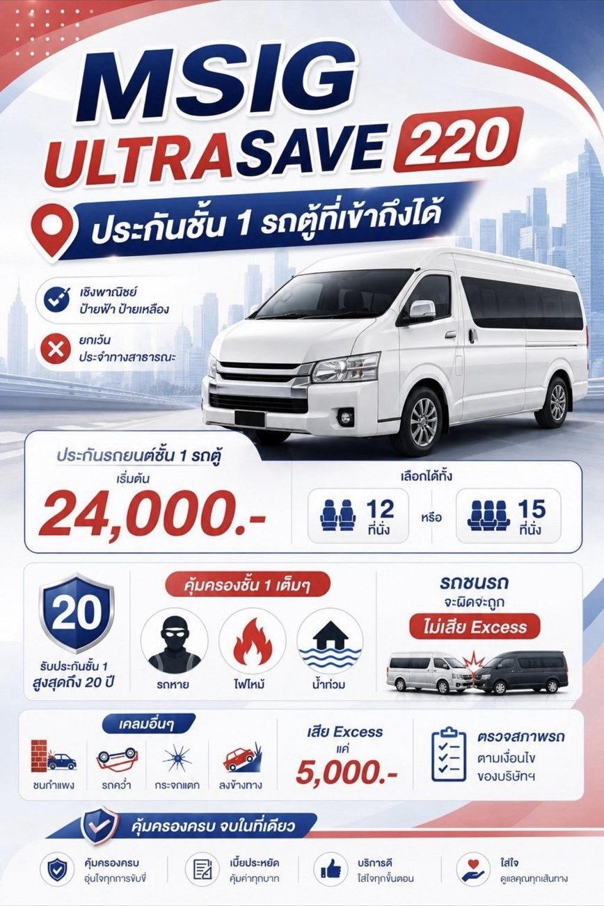 ประกันรถตู้ชั้น 1 MSIG Ultrasave 220 เริ่มต้น 24000 บาท